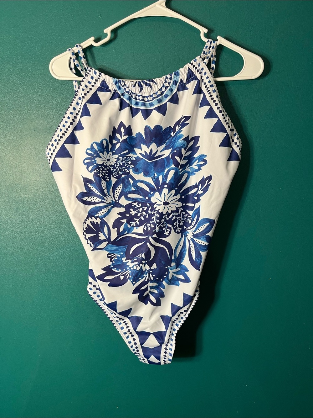 Womens Blue Floral Halter One-Piece Swimsuit - Picture 2 of 3